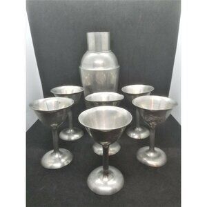 1920's Antique Swatow Pewter Martini Shaker and Six Goblets Chinese Dragon Set
